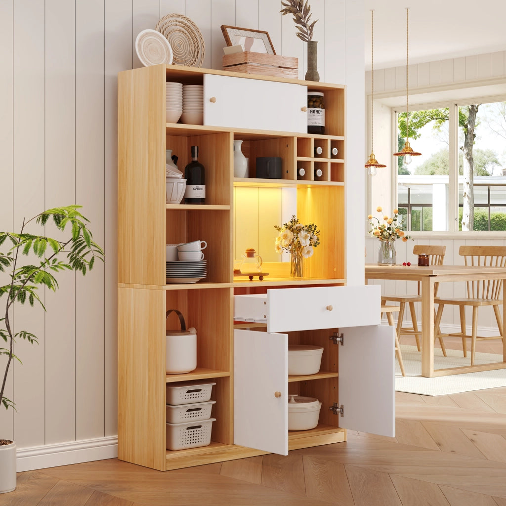 Mobile colonna da cucina con LED regolabile e ripiani aperti in truciolare bianco e naturale 115 × 35 × 180 cm