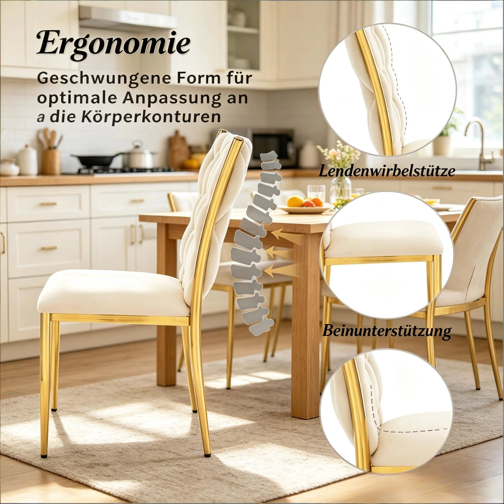 Sedia da Pranzo con Schienale Alto Ergonomico e Piedini Regolabili in Velluto Metallo Bianco Crema Oro