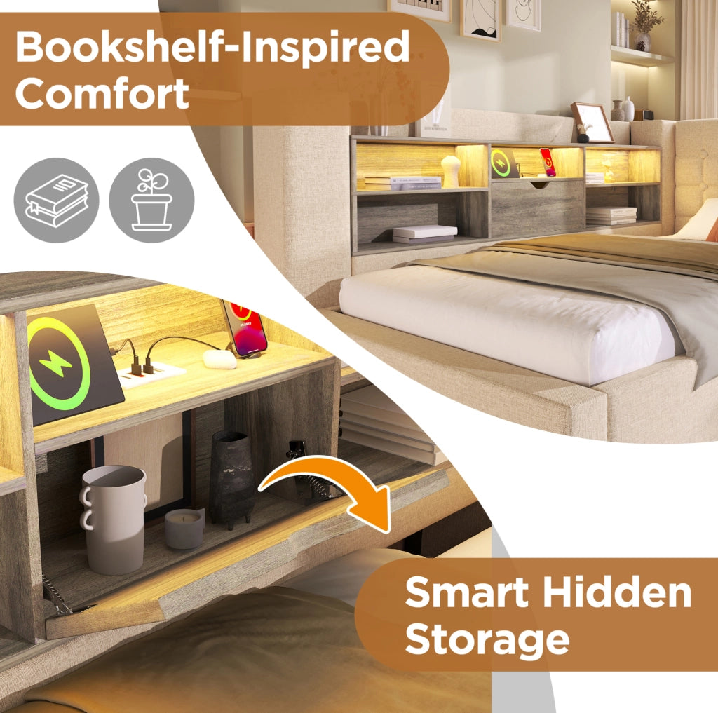 Letto Singolo 90x190 cm con LED, Spazio di Stoccaggio Idraulico e Testiera L-Forma Rivestita in Lino Beige, Montaggio Laterale Flessibile, Senza Materasso