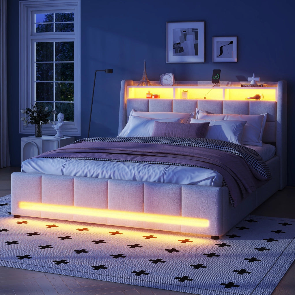 Letto imbottito 140x200 cm in lino e MDF con LED APP; USB e 2 cassetti; beige