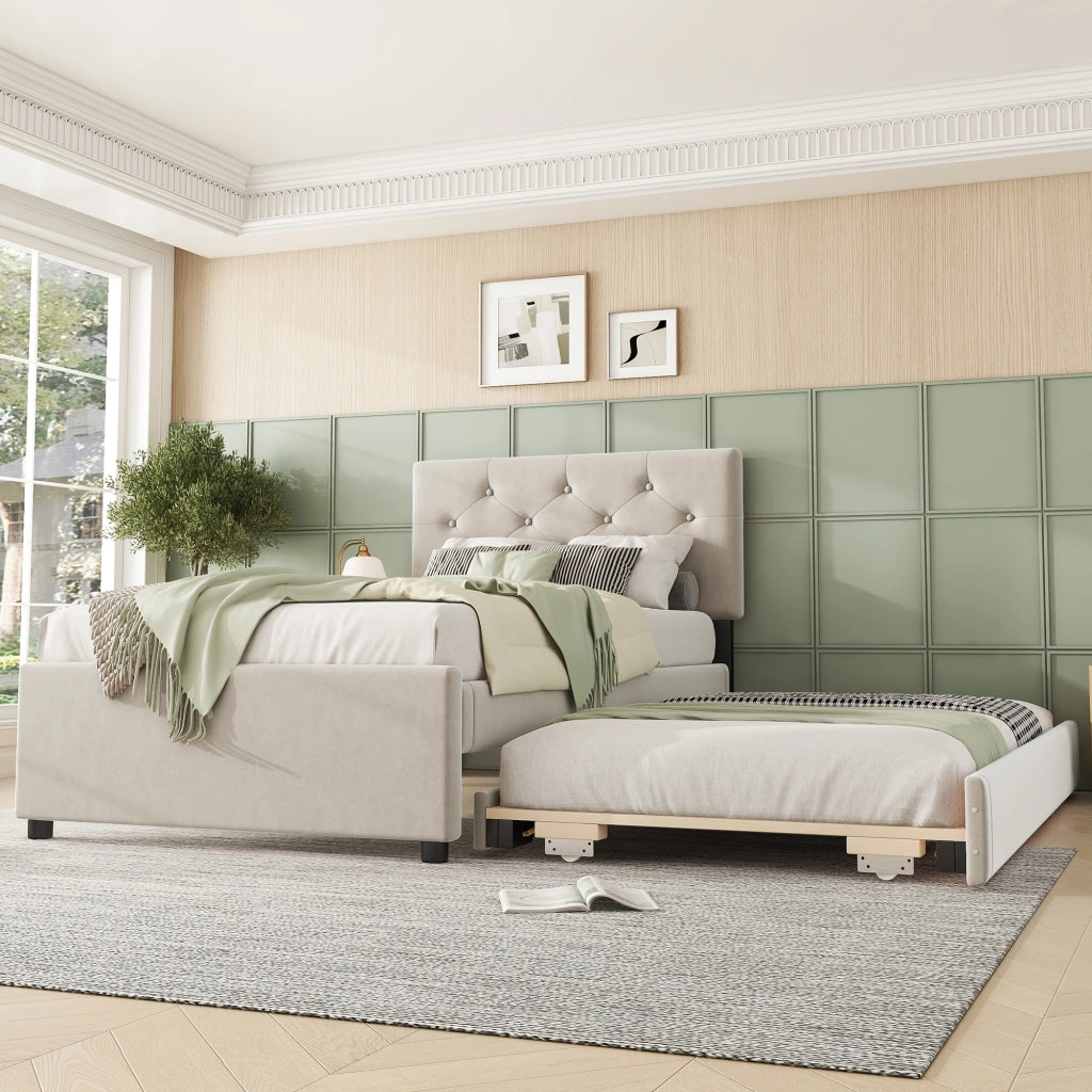 DESMIU Letto estraibile Letto singolo 90 × 200 cm 1 posto con letto aggiuntivo, senza materasso, velluto, beige