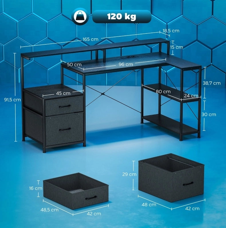 Scrivania gaming a L con LED, prese e supporto doppio