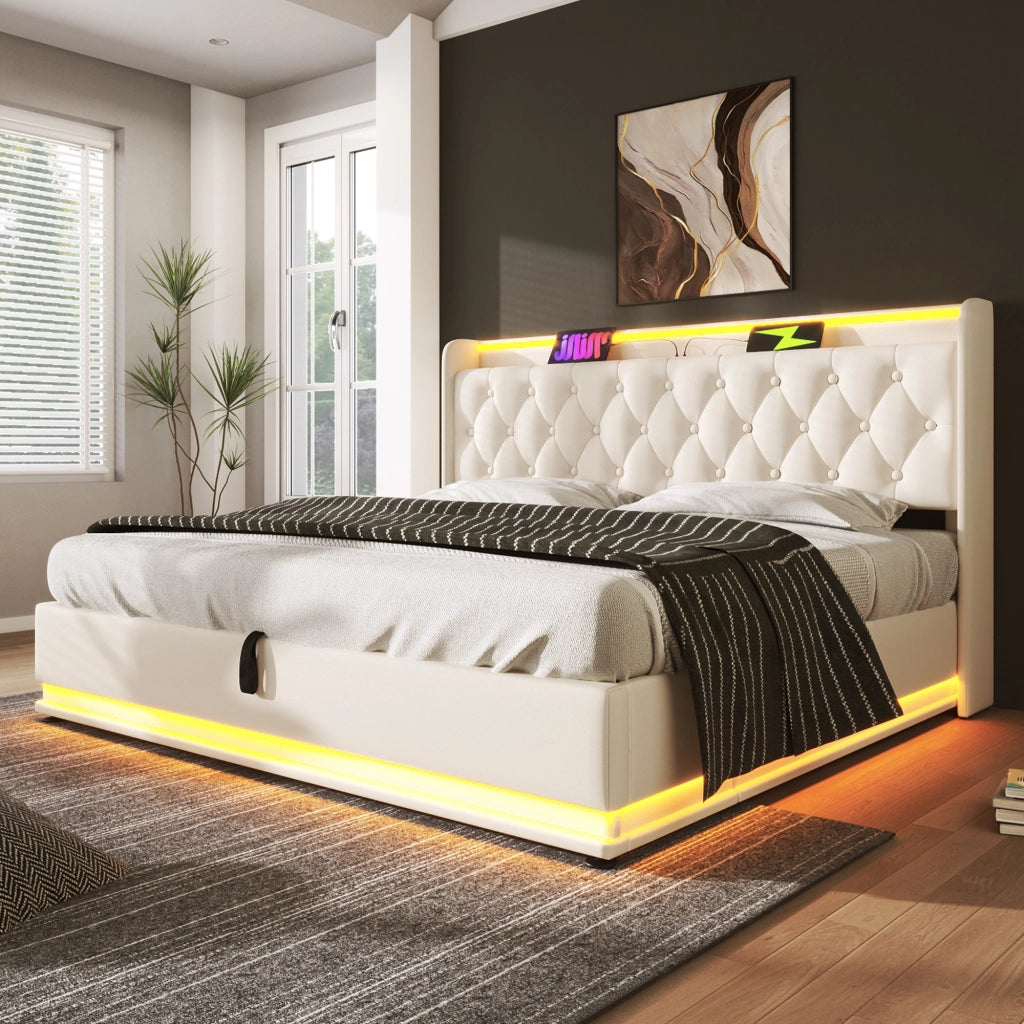 Letto matrimoniale contenitore 140 ¡Á 200 cm in PU bianco con LED a 360 gradi testiera USB e Type-C rete a doghe