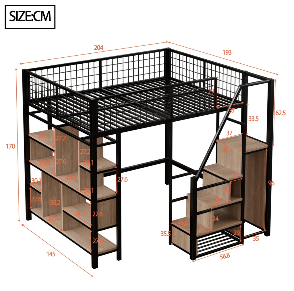 Letto a soppalco 140x200 cm con scala contenitore, in metallo, compensato e MDF nero