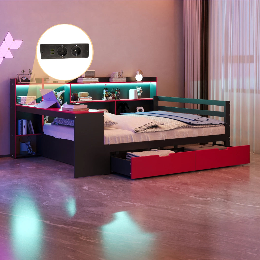 Letto divano matrimoniale 140 × 200 cm con scrivania, LED, prese e USB, senza materasso, nero e rosso