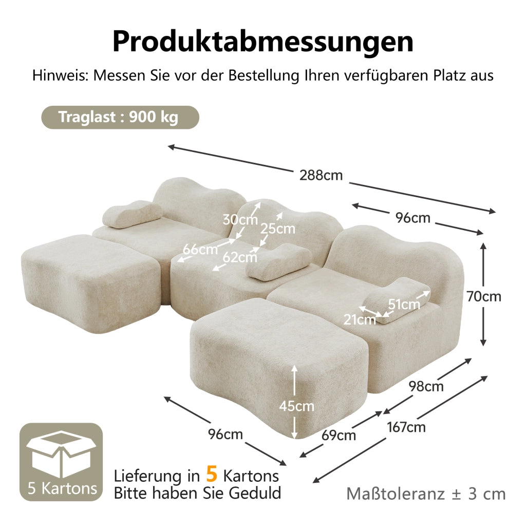 Divano panoramico modulare a 3 posti con 2 pouf in velluto beige configurabile a U o L con seduta profonda