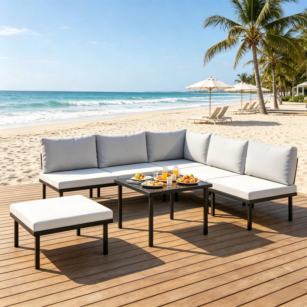 Set lounge da giardino modulare da 6 pezzi con divano a 2 posti, poltrona angolare, tavolino e cuscini
