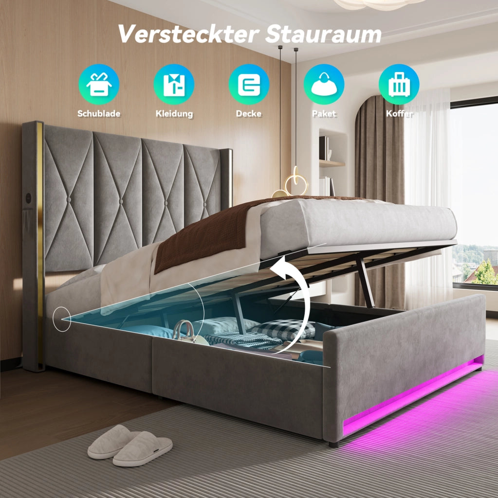 Letto matrimoniale contenitore 160x200 cm in velluto grigio scuro con testiera alta, LED, USB e Type-C