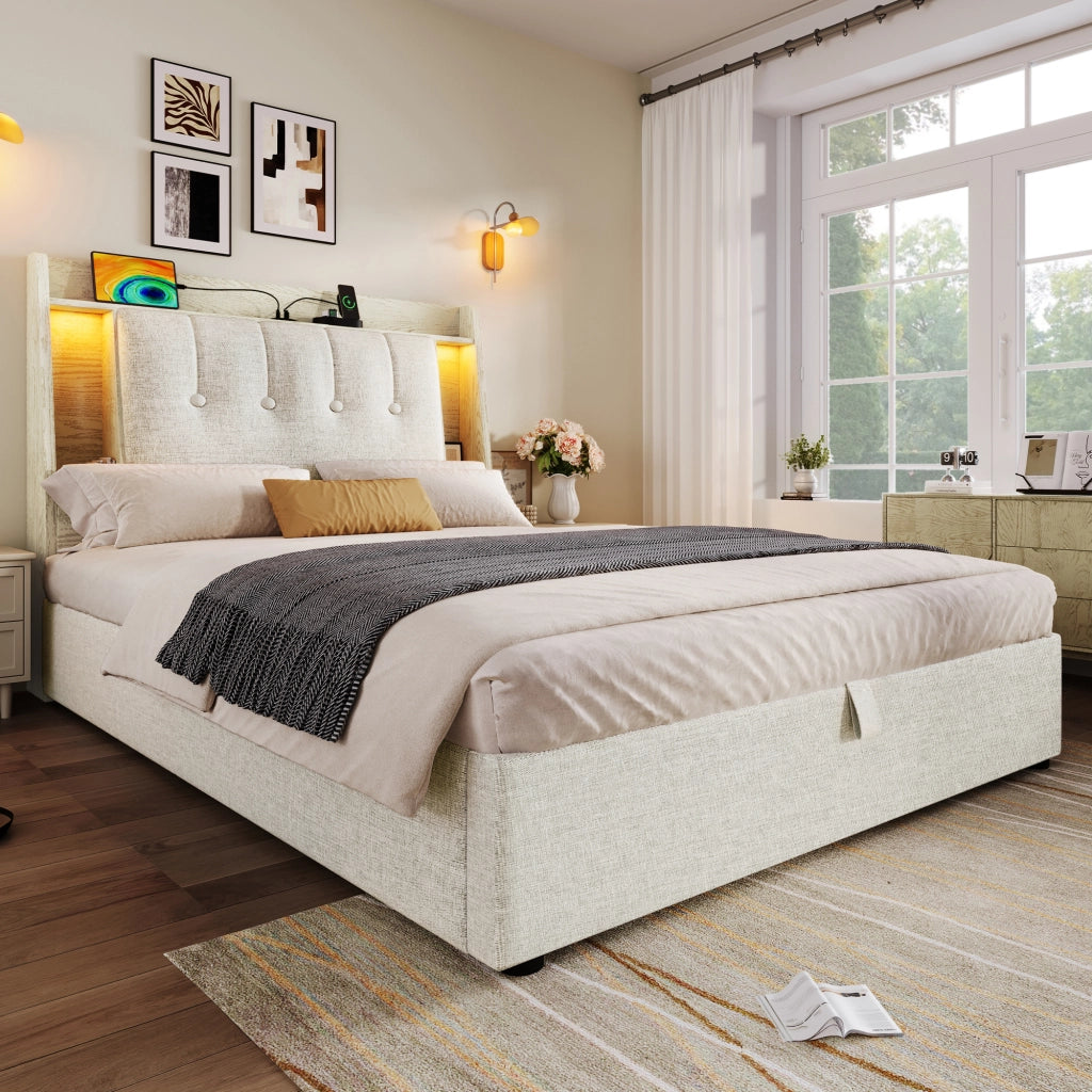 Letto per bambini 90x200 cm con LED; USB e Type-C; testiera con vani e scomparto ribaltabile; lino beige