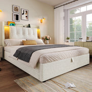 Letto per bambini 90x200 cm con LED; USB e Type-C; testiera con vani e scomparto ribaltabile; lino beige