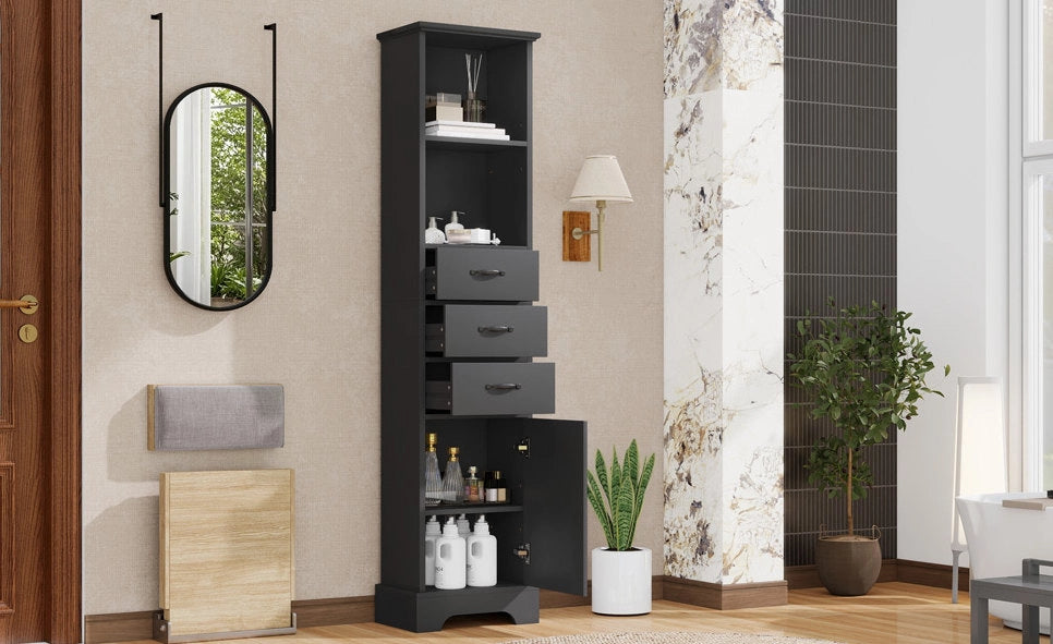 Mobile bagno nero da 38x26x172,5 cm in MDF con 3 cassetti, ripiani regolabili e anta, verniciato per resistenza all'umidità