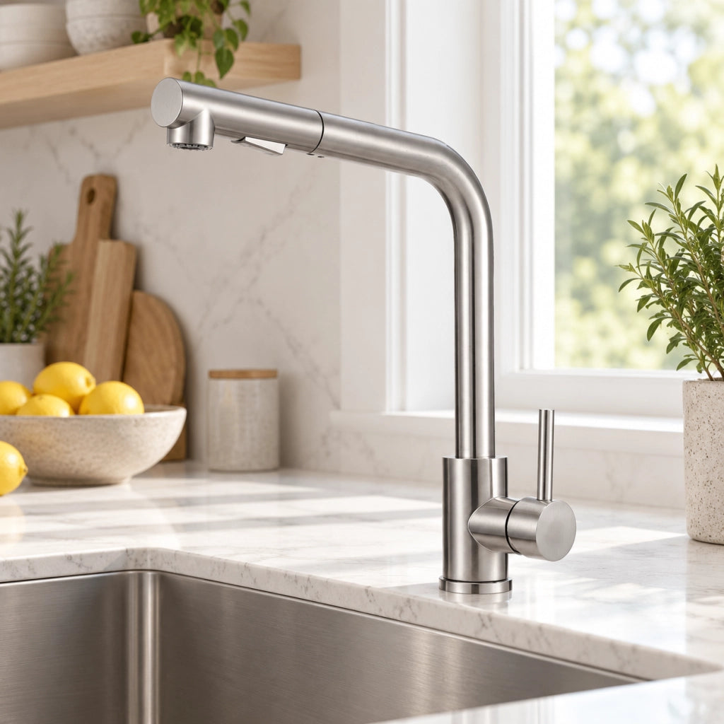 Miscelatore rubinetto cucina acciaio inox spazzolato, doccetta estraibile, due modalità getto, rotazione 360°, acqua calda fredda, altezza 31 cm