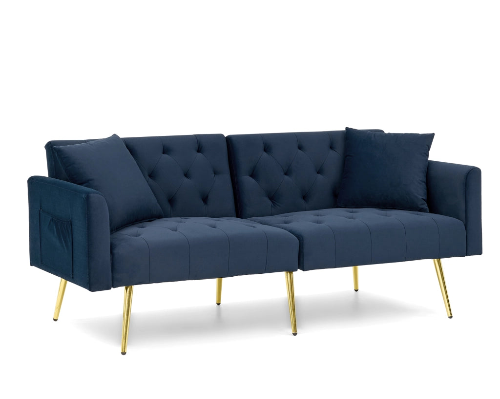 Divano letto 2 posti con schienale regolabile in velluto blu e 2 cuscini