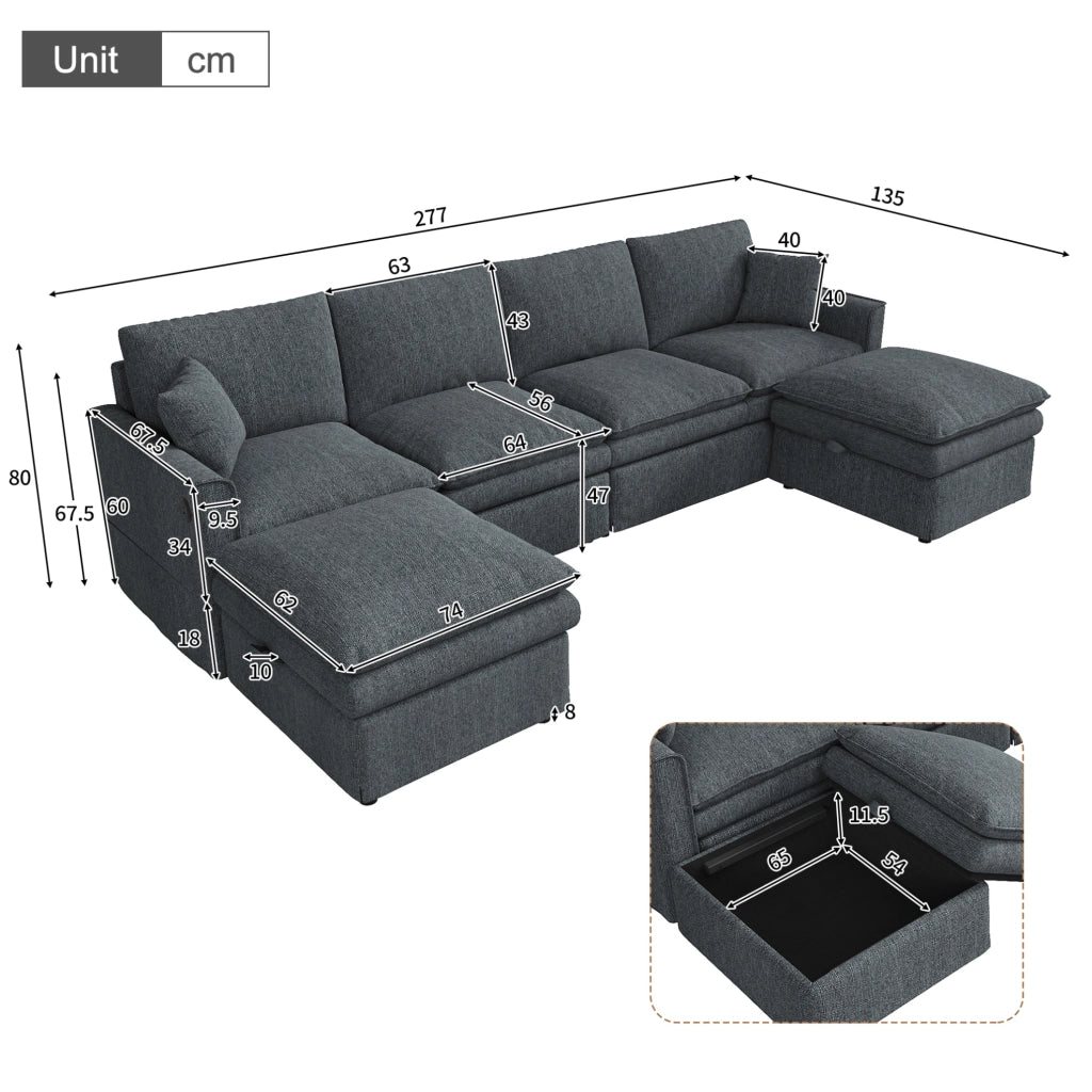 Divano angolare modulare a U/L da 6 posti con due pouf mobili contenitore, tessuto cotone-lino grigio, 277×80×135 cm