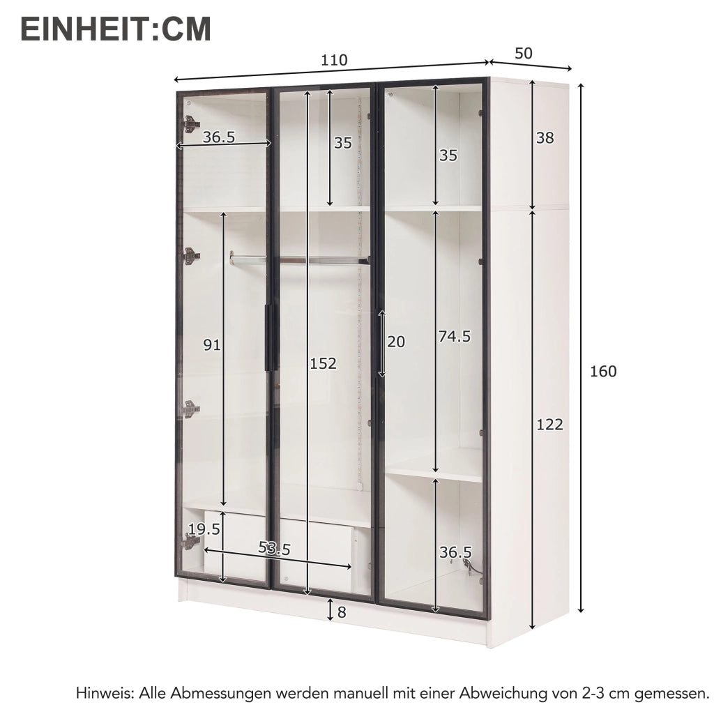 Armadio con 3 ante in vetro LED cassetto vano aperto asta appendiabiti pannello truciolare bianco 110 × 50 × 160 cm