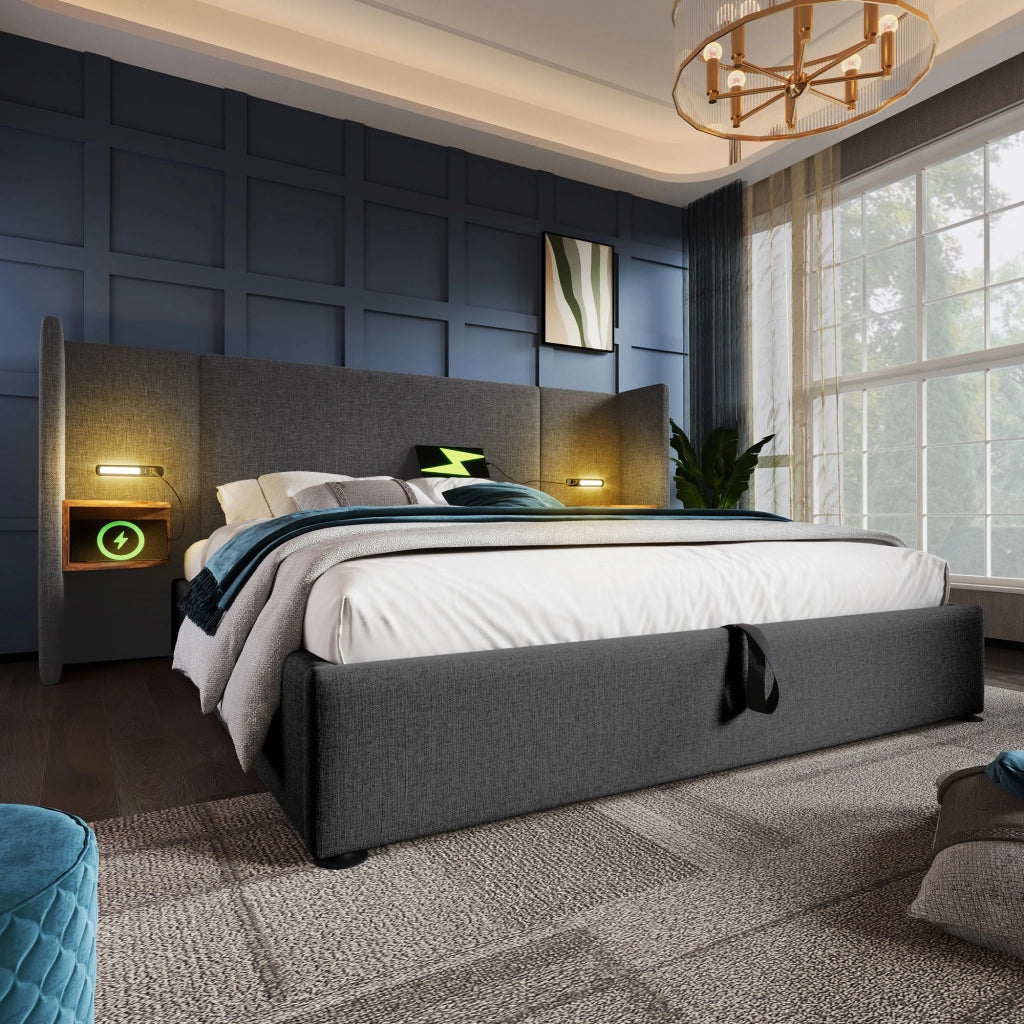 Letto matrimoniale 160x200 grigio con contenitore e comodino