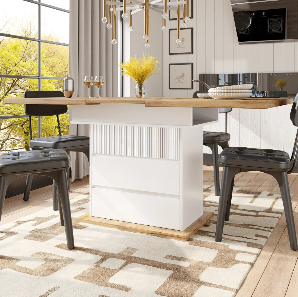 Tavolo da pranzo estensibile 110-140x80 cm in MDF bianco e naturale, 4-6 posti