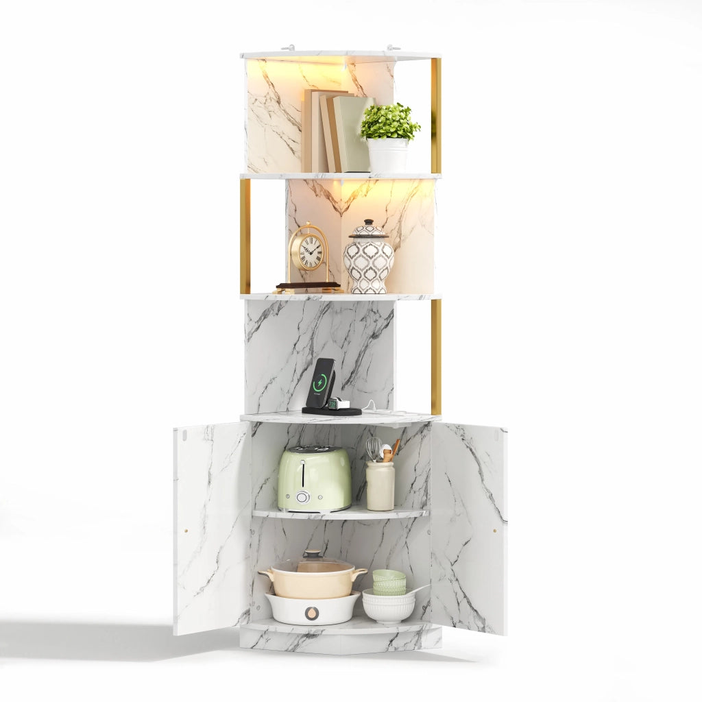 Armadio angolare 38x38x180 cm con illuminazione LED e prese, mobile contenitore a 2 ante per cucina, sala da pranzo e soggiorno
