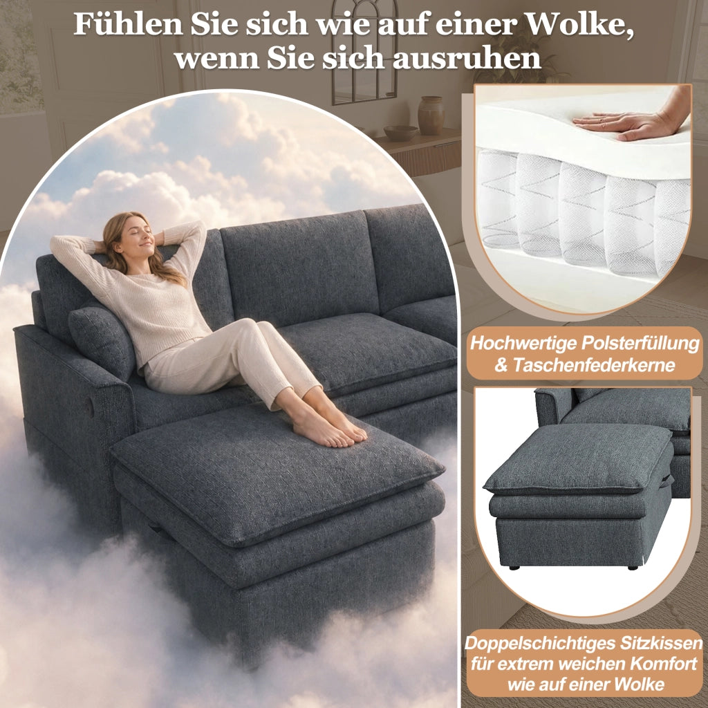 Divano modulare a U o L 6 posti con pouf contenitore, porte USB e Type-C, in cotone e lino grigio, 277×80×135 cm