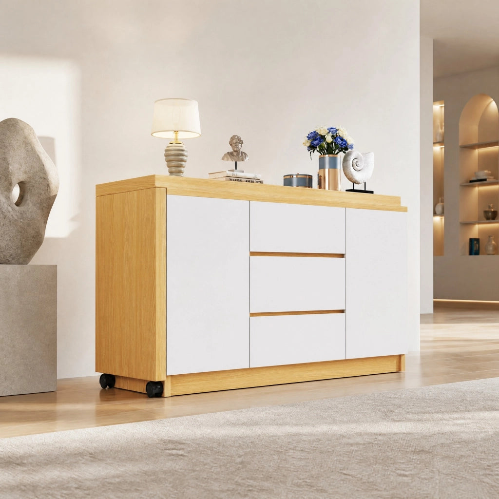 Scrivania girevole 360° 120x50x76;5 cm con 3 cassetti e 2 ante in truciolare bianco e rovere