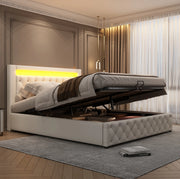 Polsterbett 160x200 cm con contenitore; rete a doghe e LED; PU bianco