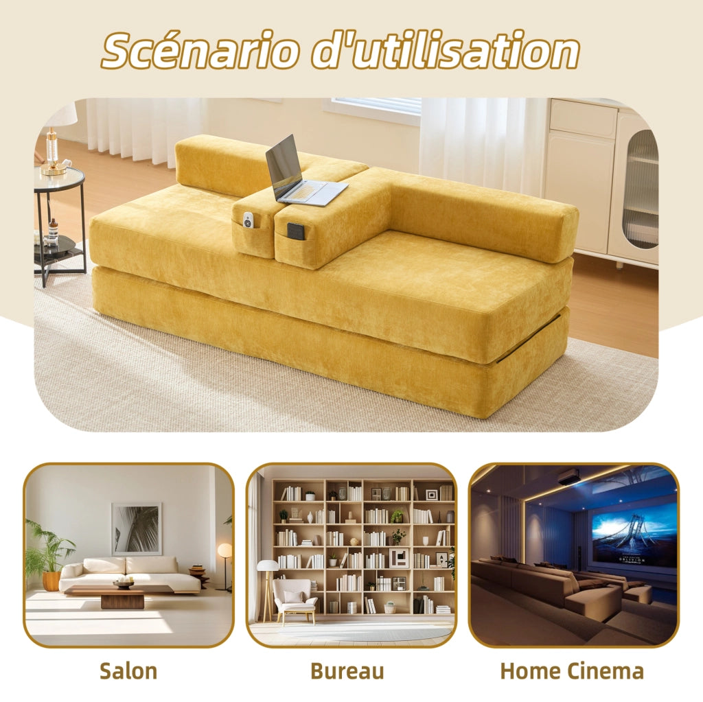 Modulo Divano in Chenille Morbido con Tasche Laterali e Base Antiscivolo 198x79x60 cm