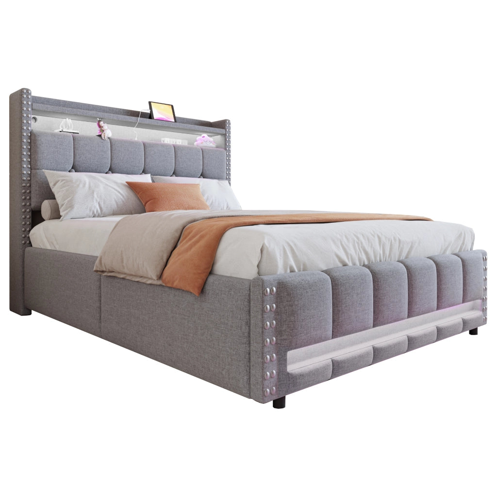 Letto matrimoniale 140×200 cm con contenitore idraulico; LED multicolore e USB; senza materasso; grigio chiaro