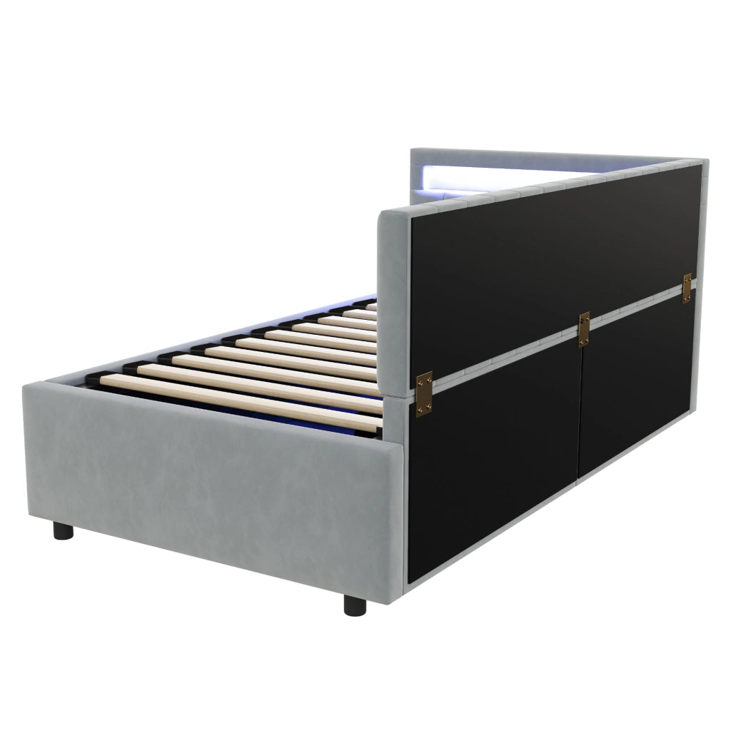 Letto singolo imbottito 90 × 200 cm con LED vano contenitore idraulico velluto grigio rete a doghe