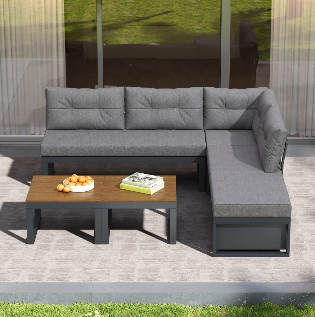 Set Salotto da Giardino Modulare con Schienale Regolabile a 3 Posizioni, Cuscini Spessi e Imbottiti, Tessuto Poliestere Resistente per Terrazza, Balcone e Giardino, Grigio Scuro