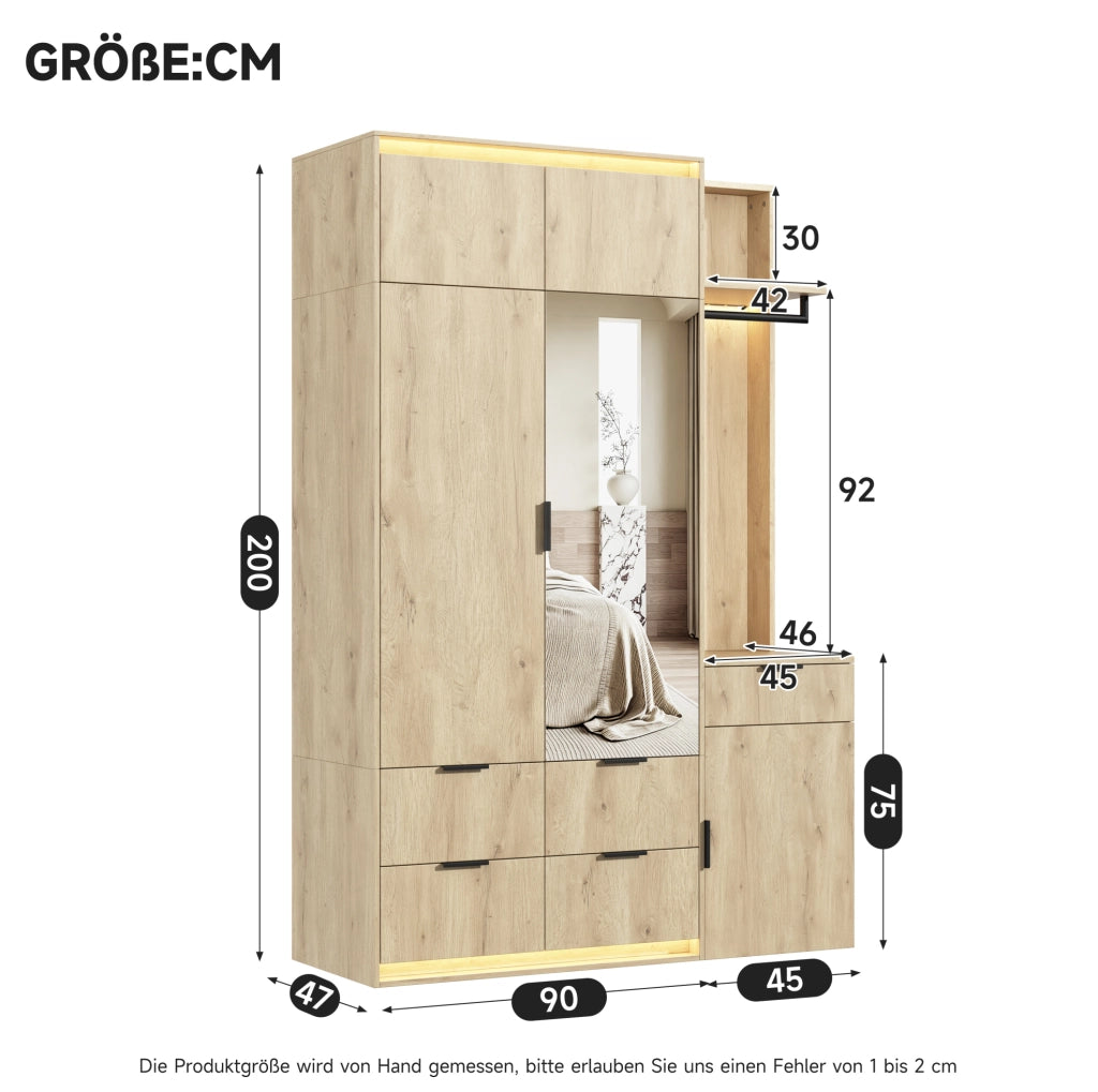 Set guardaroba con armadio 135x47x200 cm in MDF effetto quercia con LED integrati, specchio, 5 cassetti e 2 tubi appendiabiti, colore antracite