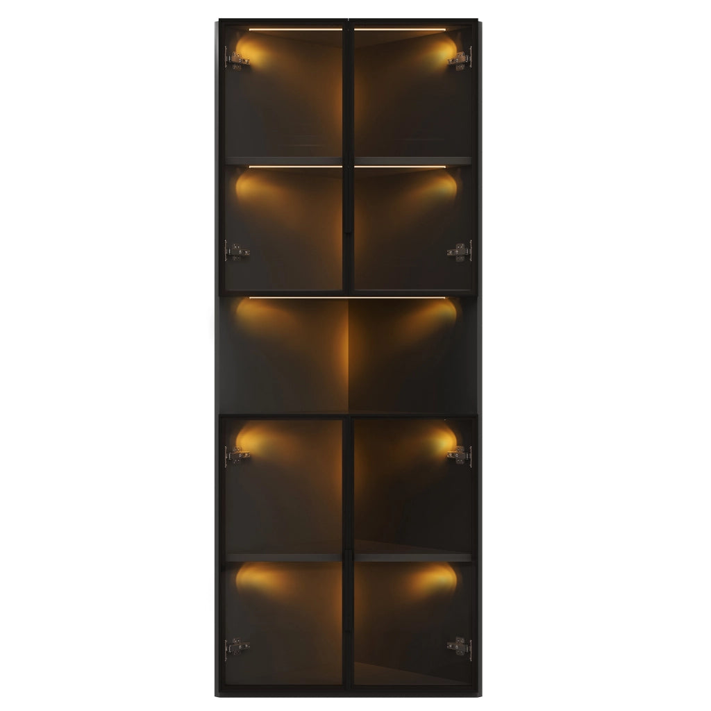 Vetrina angolare triangolare con ante in vetro temperato LED giallo caldo e vano aperto nera 62 × 32 × 160 cm