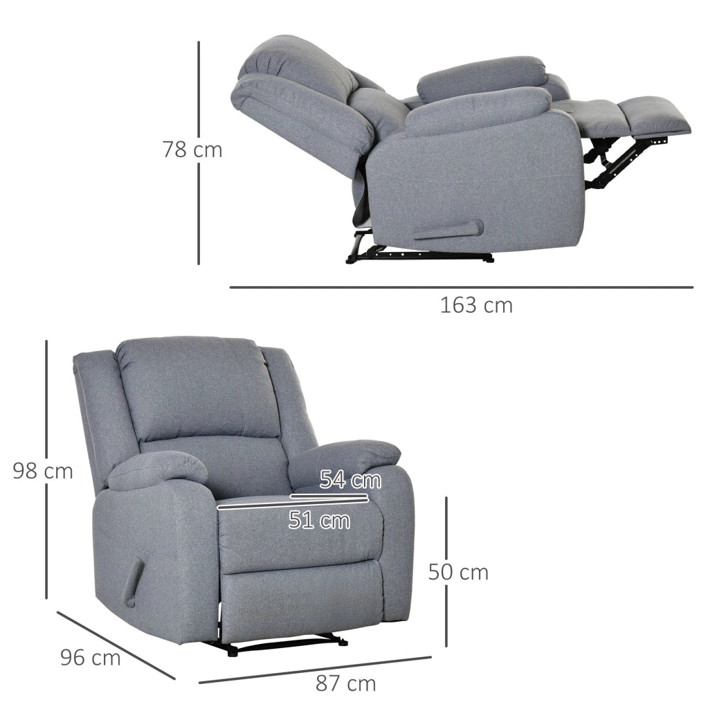 Poltrona relax con funzione lettino e tasca laterale, poliestere effetto lino grigio, 90 x 96 x 98 cm