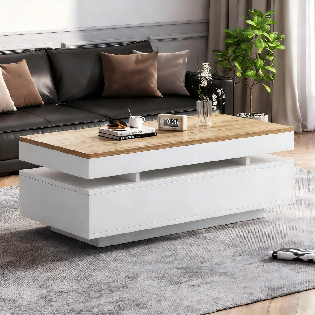 Tavolino da salotto con LED 100x50x35 cm componibile 2 cassetti legno e bianco