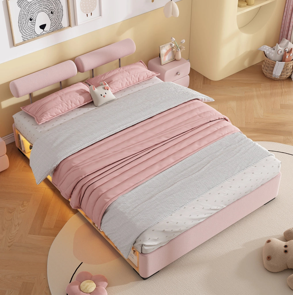 Letto imbottito rosa 140x200 cm per bambini con LED e ripiano laterale
