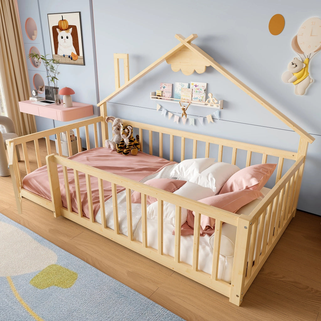 Letto Casetta 90x190 cm; Letto Singolo con Sponda e Serratura in Legno Naturale