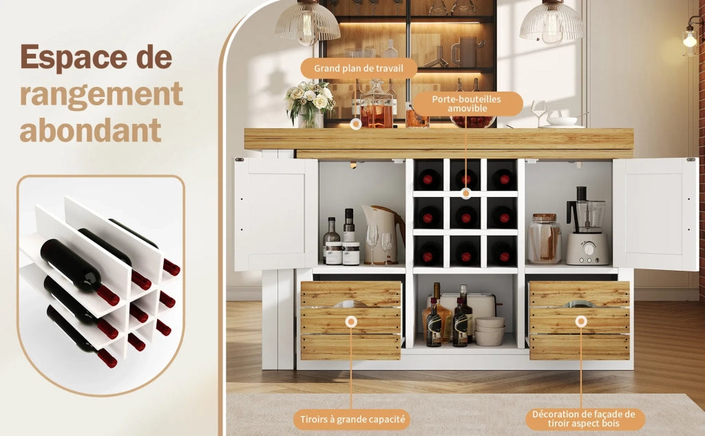 Tavolo da pranzo isola cucina estraibile con credenza, piano girevole 360°, grande spazio contenitivo, parete soggiorno, bianco