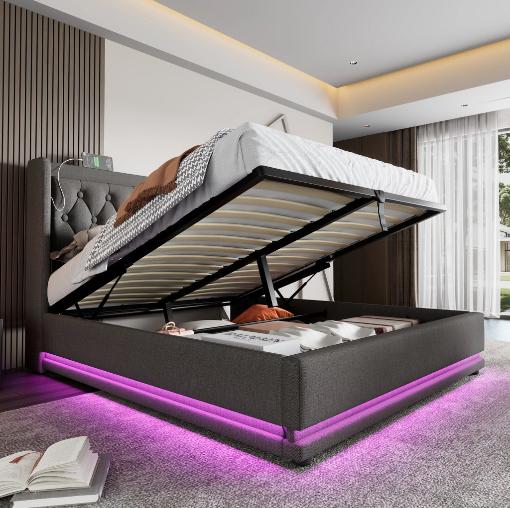 Letto matrimoniale imbottito 180x200 cm grigio in cotone con testiera imbottita, funzione di ricarica USB Tipo-C e contenitore idraulico, illuminazione LED su 3 lati (senza materasso)