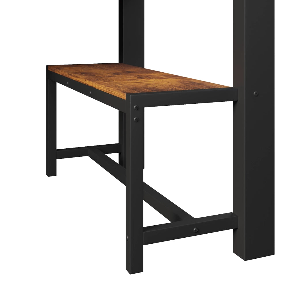 Letto a soppalco 90 × 200 cm con scrivania in legno LED ripiani barra appendiabiti e pannello forato in metallo nero