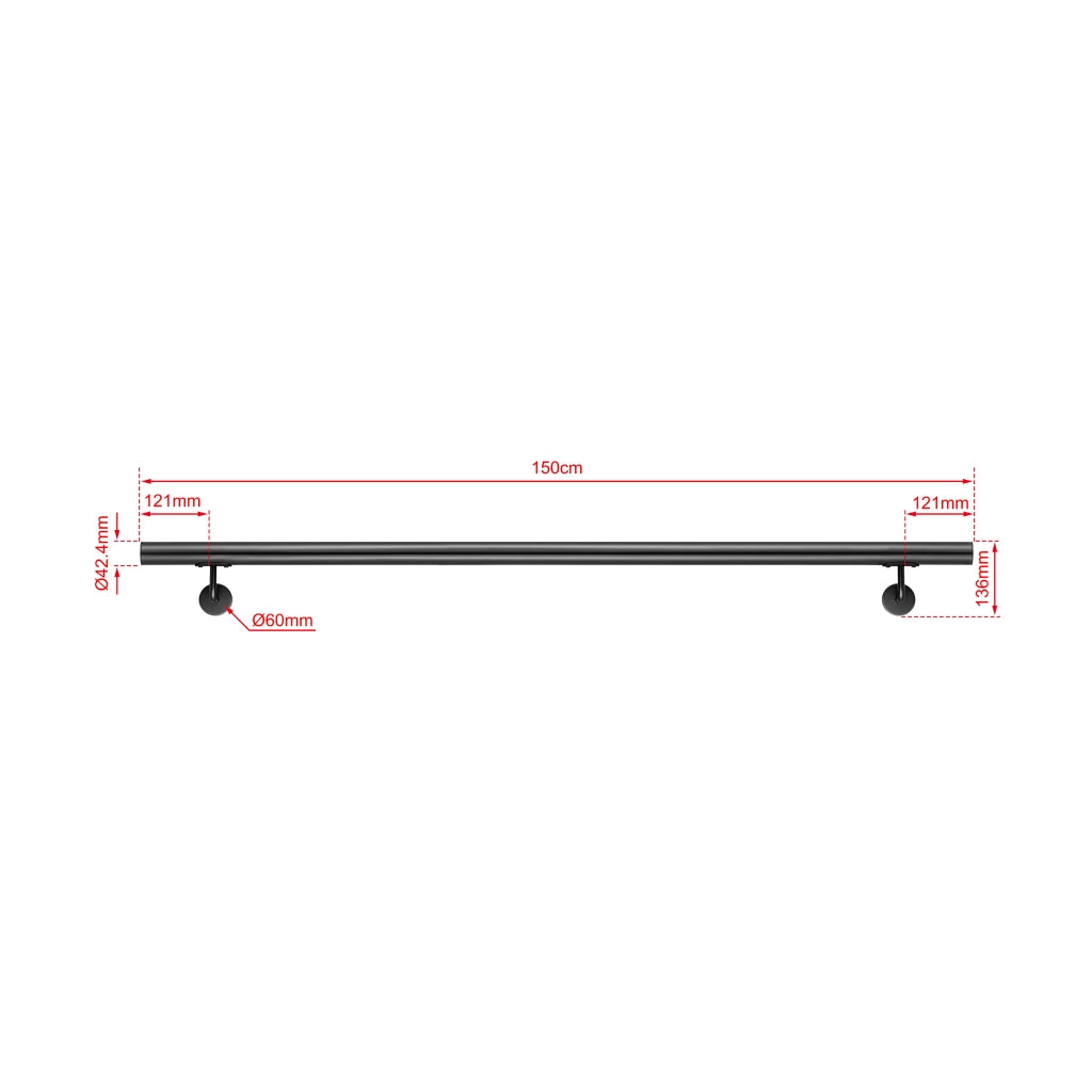Corrimano a parete in acciaio kit inox AISI 304 nero , Lunghezza 150 cm, Ø 42,4 mm, uso interno ed esterno