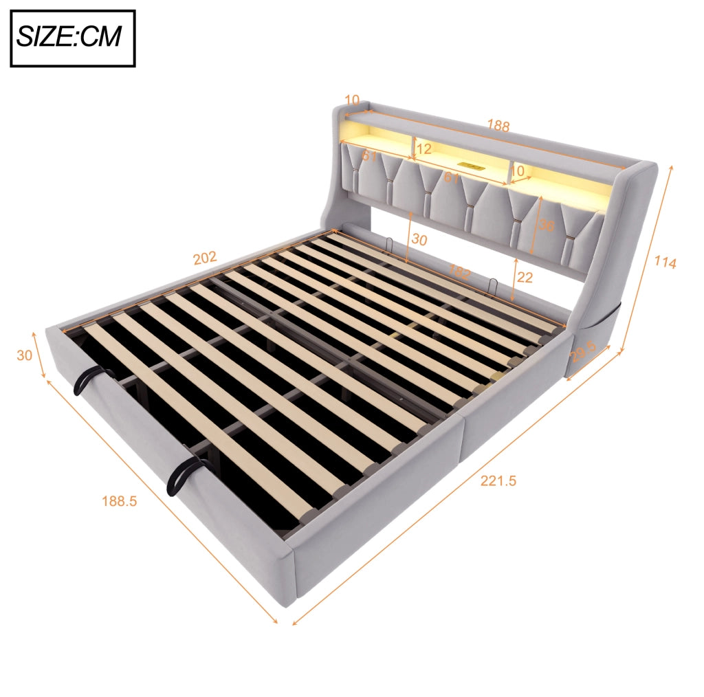 Letto matrimoniale contenitore ULEVR 180x200 cm con LED, presa USB/Type-C e testiera pieghevole, velluto grigio chiaro