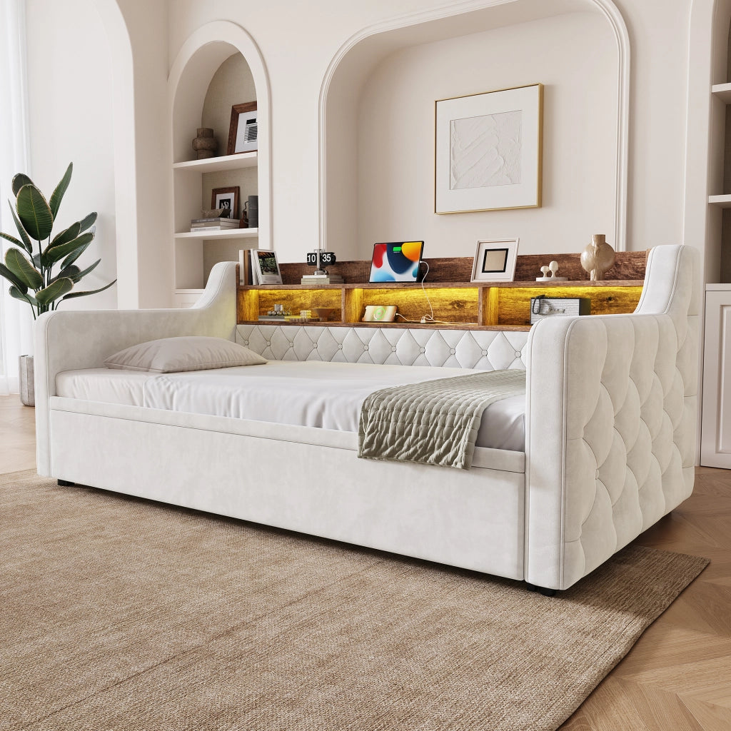 Divano letto 90 × 190 cm con letto estraibile rete a doghe testiera con vano LED USB e Type-C velluto beige