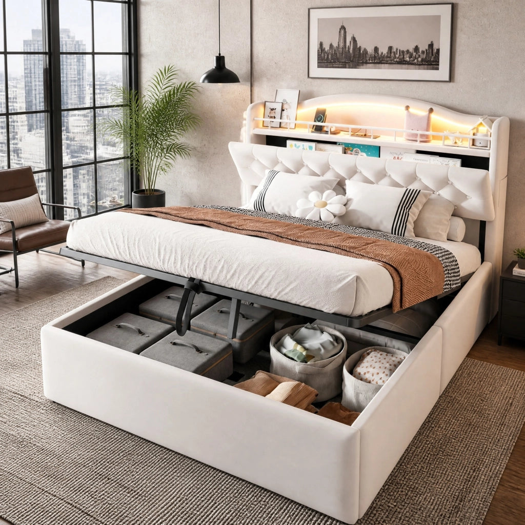 Letto matrimoniale contenitore 140x200 cm in velluto beige con LED; USB e USB-C HOMVRA