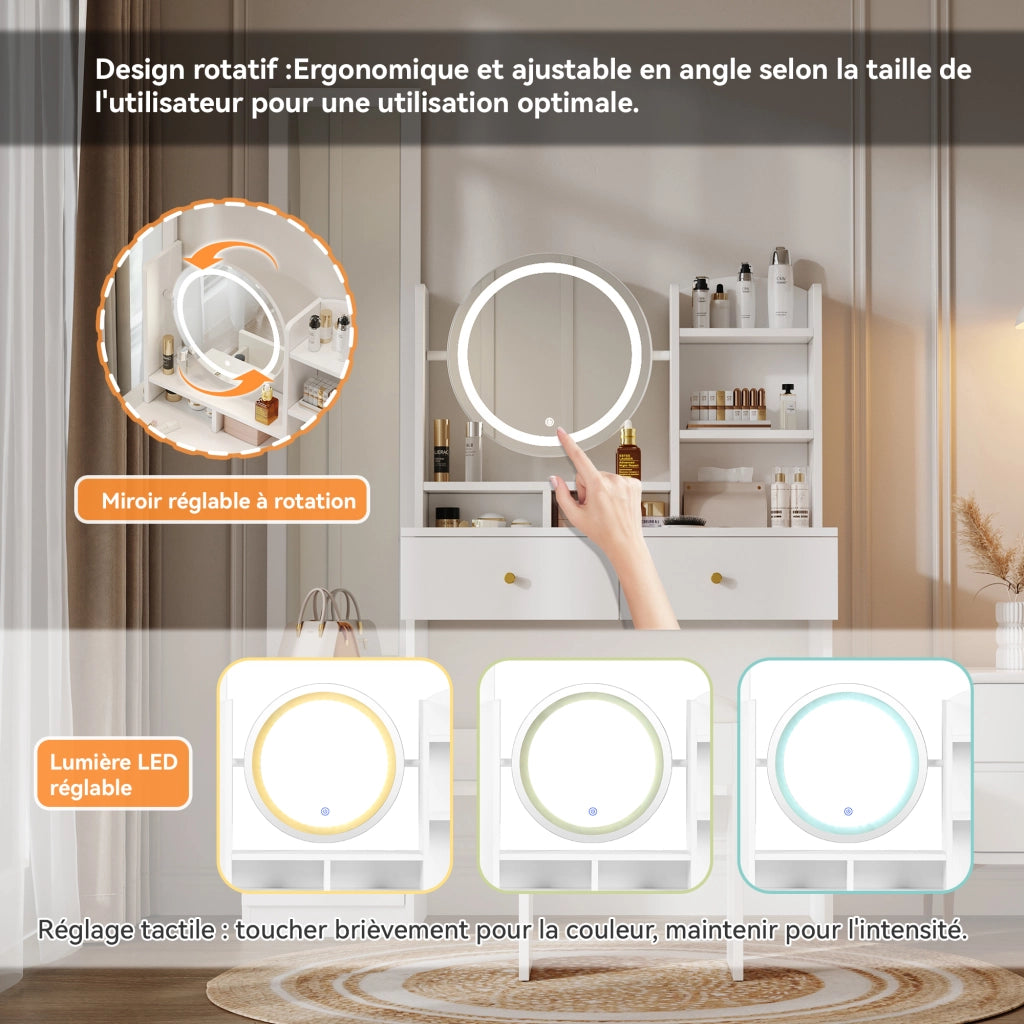 Toeletta 4 in 1 109x36x164 cm con specchio LED; specchio girevole; 4 cassetti e sgabello; bianco