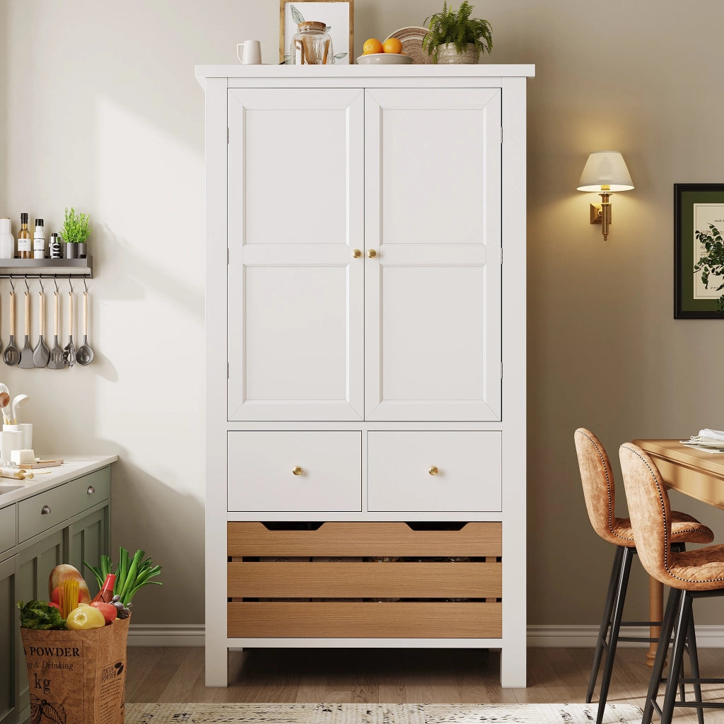 OKWISH Credenza da Cucina Alta con 2 Ante, 5 Cassetti e 2 Ripiani, Chiusura Magnetica, MDF, Bianca, 80 x 40 x 140 cm