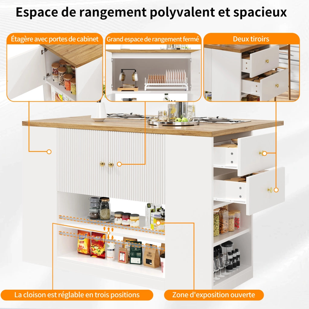 Isola da cucina con piano pieghevole armadio a 2 ante cassetti e ripiani in MDF bianco e metallo