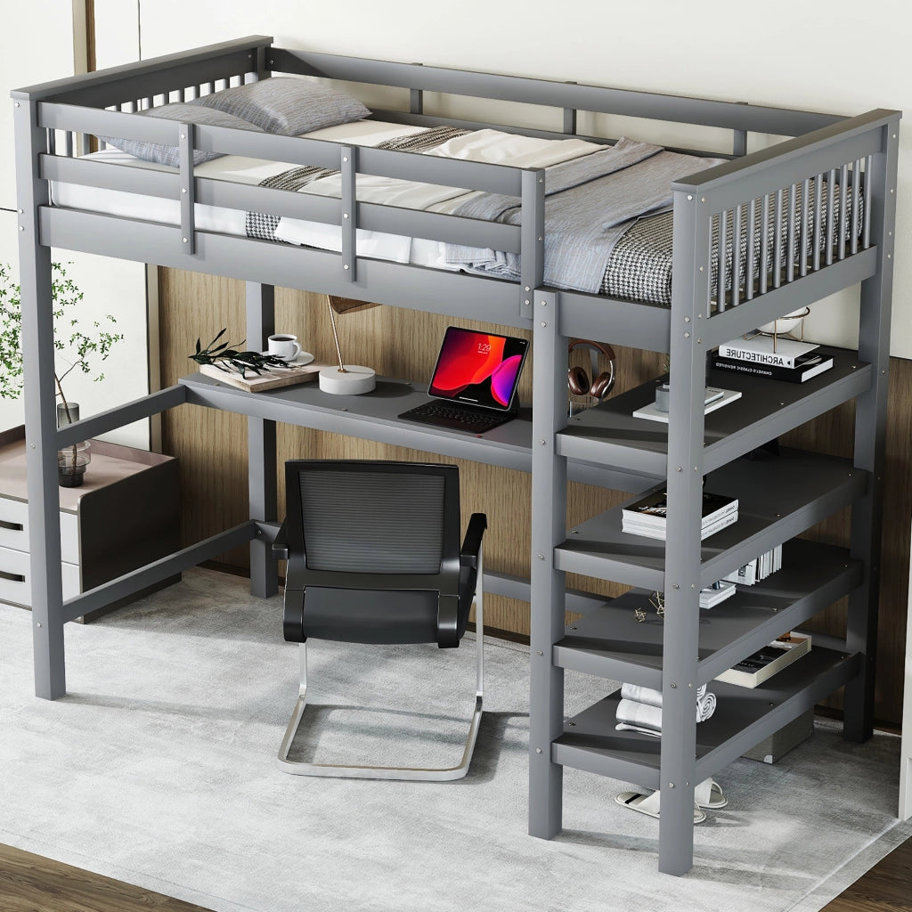Letto a soppalco 90 × 200 cm con scrivania e ripiani integrati in legno e MDF grigio
