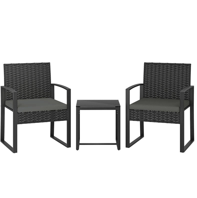 Set da giardino in rattan 3 pezzi con 2 poltrone e tavolino, cuscini sfoderabili grigio scuro