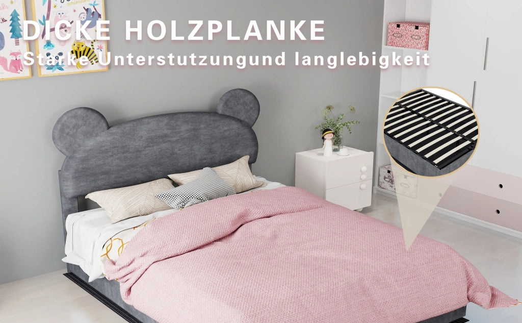 Letto imbottito moderno minimalista con testiera morbida a forma di cartone, 140x200 cm, grigio, base rialzata multifunzione con meccanismo a gas. Materasso non incluso.