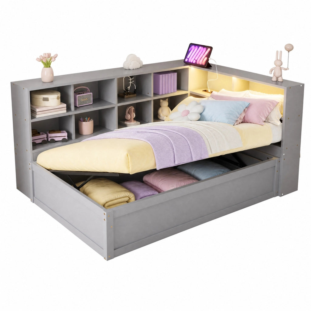 Letto singolo 90 × 200 cm con vano contenitore idraulico prese integrate e LED controllabile in legno grigio