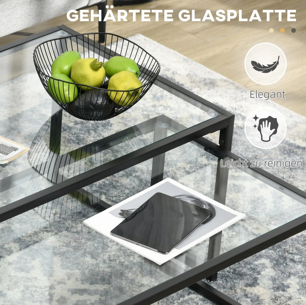 Tavolini da salotto impilabili set di 2 119x56x44,5 cm vetro temprato acciaio nero